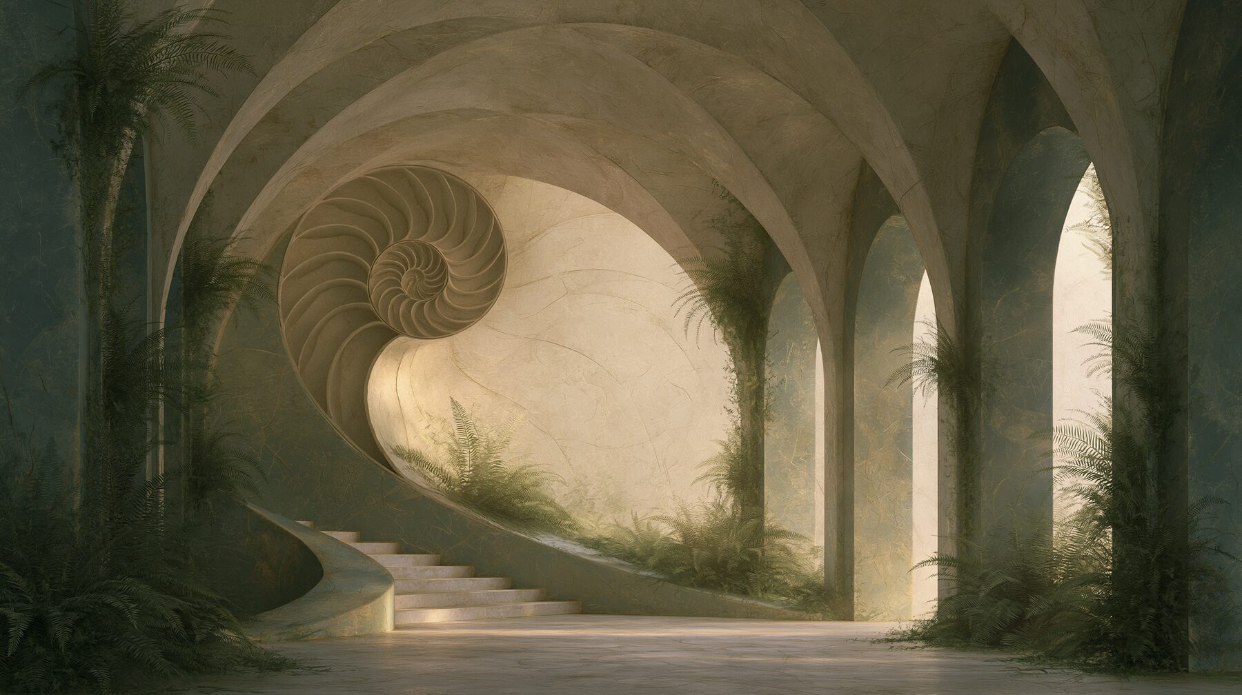 A calm architectural interior shaped by a nautilus spiral, arches and ferns